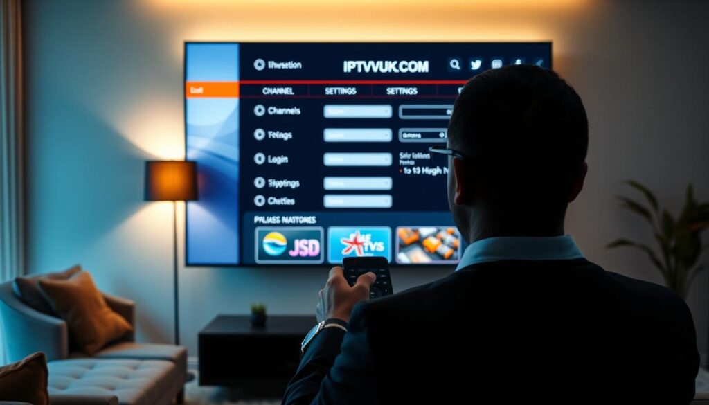A sleek, modern living room setup featuring a large smart TV displaying the "IPTVVUK.COM" app configuration screen. In the foreground, a silhouette of a person in professional business attire is seen holding a remote, focusing intently on the TV. The middle layer includes various configuration options on the screen such as channel lists, settings, and login fields, all visually clear and colorful to emphasize the user interface. The background hints at cozy furnishings with soft lighting casting a warm glow, enhancing the inviting atmosphere of the space. The perspective is slightly angled to capture the depth of the room, making it feel immersive while maintaining a professional and informative mood. A sleek, modern living room setup featuring a large smart TV displaying the "IPTVVUK.COM" app configuration screen. In the foreground, a silhouette of a person in professional business attire is seen holding a remote, focusing intently on the TV. The middle layer includes various configuration options on the screen such as channel lists, settings, and login fields, all visually clear and colorful to emphasize the user interface. The background hints at cozy furnishings with soft lighting casting a warm glow, enhancing the inviting atmosphere of the space. The perspective is slightly angled to capture the depth of the room, making it feel immersive while maintaining a professional and informative mood.