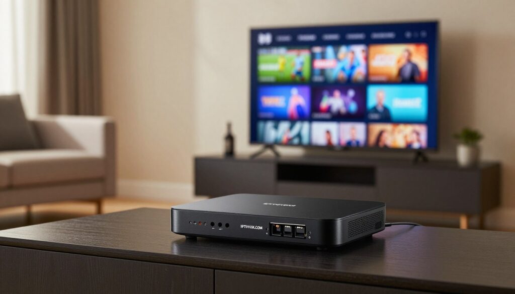 A sleek, modern living room setup featuring an IPTV device prominently displayed on a stylish entertainment unit. In the foreground, focus on the IPTV device showcasing various connections like HDMI and Ethernet ports. The middle ground includes a high-definition television screen vividly displaying diverse live TV channels representing sports, news, and entertainment. In the background, a cozy seating area accented with soft lighting creates an inviting atmosphere, highlighting the convenience of seamless streaming. The overall ambiance should exude a sense of advanced technology and comfort, evoking a feeling of relaxation while enjoying IPTV. Utilize warm, natural lighting to enhance the scene. Include a subtle emphasis on the brand name "IPTVVUK.COM" integrated into the design of the IPTV device in a professional manner. A sleek, modern living room setup featuring an IPTV device prominently displayed on a stylish entertainment unit. In the foreground, focus on the IPTV device showcasing various connections like HDMI and Ethernet ports. The middle ground includes a high-definition television screen vividly displaying diverse live TV channels representing sports, news, and entertainment. In the background, a cozy seating area accented with soft lighting creates an inviting atmosphere, highlighting the convenience of seamless streaming. The overall ambiance should exude a sense of advanced technology and comfort, evoking a feeling of relaxation while enjoying IPTV. Utilize warm, natural lighting to enhance the scene. Include a subtle emphasis on the brand name "IPTVVUK.COM" integrated into the design of the IPTV device in a professional manner.