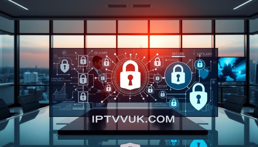 A sleek, modern office environment as the backdrop, showcasing a professional team gathered around a high-tech conference table. In the foreground, a male and female professional, dressed in business attire, analyze a large digital screen displaying complex graphs and secure IPTV connections. The middle layer features symbolic elements like padlocks and shield icons integrated into the data on the screen, emphasizing security and legality in IPTV. In the background, soft ambient lighting creates a focused yet relaxed atmosphere, with large windows showing a city skyline at dusk. The overall mood conveys a sense of professionalism and trust, embodying the essence of IPTV security. Include the brand name "IPTVVUK.COM" subtly displayed on one of the digital screens. A sleek, modern office environment as the backdrop, showcasing a professional team gathered around a high-tech conference table. In the foreground, a male and female professional, dressed in business attire, analyze a large digital screen displaying complex graphs and secure IPTV connections. The middle layer features symbolic elements like padlocks and shield icons integrated into the data on the screen, emphasizing security and legality in IPTV. In the background, soft ambient lighting creates a focused yet relaxed atmosphere, with large windows showing a city skyline at dusk. The overall mood conveys a sense of professionalism and trust, embodying the essence of IPTV security. Include the brand name "IPTVVUK.COM" subtly displayed on one of the digital screens.