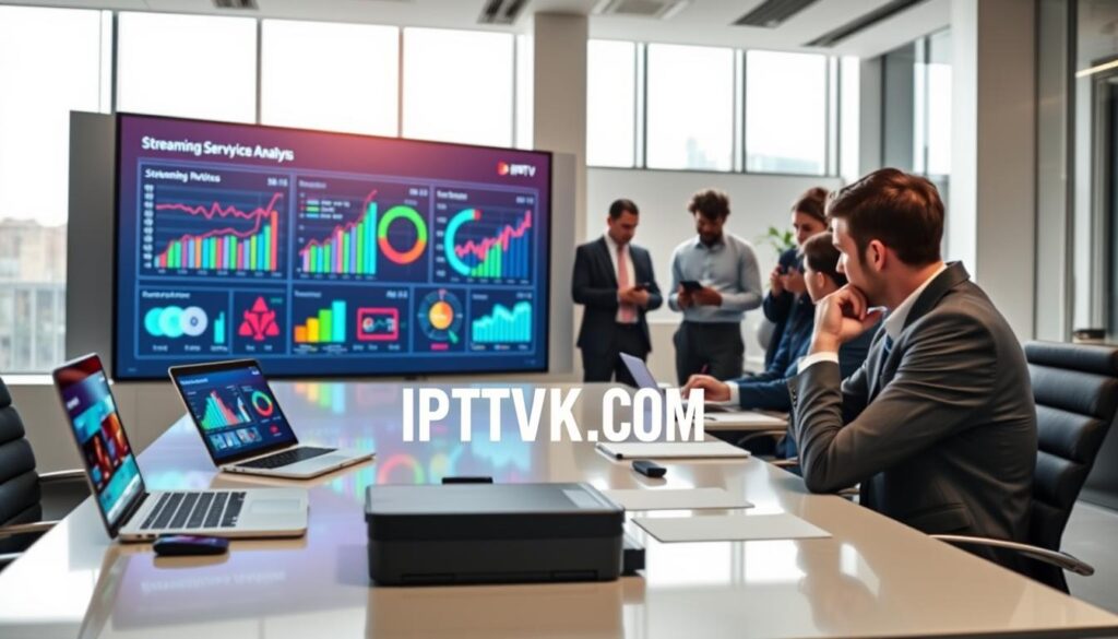 A sleek, modern office environment with a large digital screen displaying colorful graphs and statistics related to IPTV performance analysis. In the foreground, a thoughtfully arranged desk with a laptop and tablet showing streaming services, while a professional in business attire studies the data, focused and engaged. The middle ground features a modern conference table with diverse professionals discussing IPTV metrics, analyzing charts on digital devices, fostering a collaborative atmosphere. The background accentuates bright lighting from large windows, creating a vibrant, productive ambiance. Include the logo "IPTVVUK.COM" subtly placed within the scene. Capture the sense of innovation and efficiency in the IPTV industry, reflecting a serious yet inspiring mood conducive to performance analysis. A sleek, modern office environment with a large digital screen displaying colorful graphs and statistics related to IPTV performance analysis. In the foreground, a thoughtfully arranged desk with a laptop and tablet showing streaming services, while a professional in business attire studies the data, focused and engaged. The middle ground features a modern conference table with diverse professionals discussing IPTV metrics, analyzing charts on digital devices, fostering a collaborative atmosphere. The background accentuates bright lighting from large windows, creating a vibrant, productive ambiance. Include the logo "IPTVVUK.COM" subtly placed within the scene. Capture the sense of innovation and efficiency in the IPTV industry, reflecting a serious yet inspiring mood conducive to performance analysis.