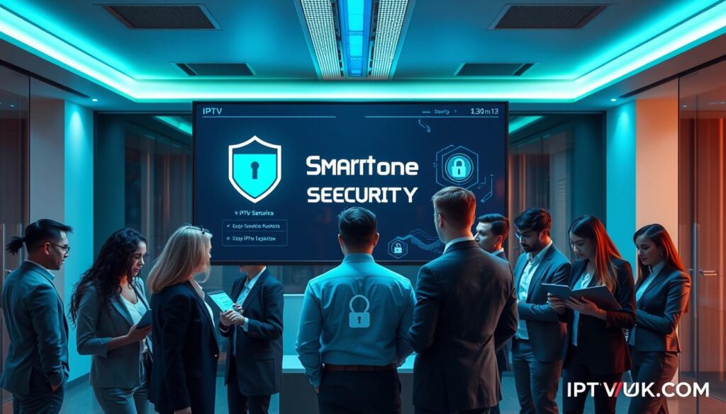 A sleek, modern office setting designed to convey security and reliability, with a large, high-definition monitor displaying a digital representation of the "Smartone IPTV Security" interface. In the foreground, a diverse group of professionals dressed in business attire, focused and engaged, are analyzing data on tablets and laptops. The middle ground features futuristic security elements such as firewalls and encrypted shields symbolizing data protection, smoothly integrated into the environment. A soft blue and green lighting cast from overhead fixtures creates a calm and trustworthy atmosphere, while a wide-angle shot captures the entire scene. In the background, subtle branding elements show "IPTVVUK.COM" seamlessly integrated into the technology on display, maintaining a professional and secure ambiance. A sleek, modern office setting designed to convey security and reliability, with a large, high-definition monitor displaying a digital representation of the "Smartone IPTV Security" interface. In the foreground, a diverse group of professionals dressed in business attire, focused and engaged, are analyzing data on tablets and laptops. The middle ground features futuristic security elements such as firewalls and encrypted shields symbolizing data protection, smoothly integrated into the environment. A soft blue and green lighting cast from overhead fixtures creates a calm and trustworthy atmosphere, while a wide-angle shot captures the entire scene. In the background, subtle branding elements show "IPTVVUK.COM" seamlessly integrated into the technology on display, maintaining a professional and secure ambiance.