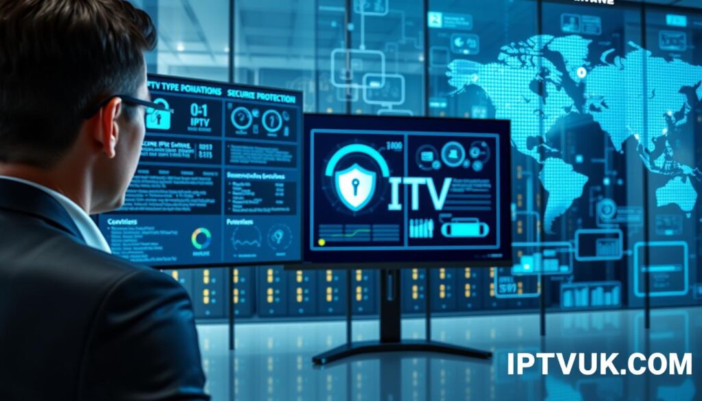A sleek, modern workspace portraying "IPTV Security" in action. In the foreground, a professional individual in business attire, intently monitoring a large screen displaying secure IPTV configurations and cybersecurity analytics. The middle layer features a high-tech server room with blinking lights and network cables, symbolizing secure streaming infrastructure. The background showcases a digital world map detailing data protection zones and secure connections. The lighting is bright and focused, highlighting the screen while creating a professional ambiance. Utilize a soft focus on the background to enhance the subject’s prominence. The overall mood is serious and sophisticated, reflecting the critical nature of security in IPTV services. Include subtle branding elements representing "IPTVVUK.COM". A sleek, modern workspace portraying "IPTV Security" in action. In the foreground, a professional individual in business attire, intently monitoring a large screen displaying secure IPTV configurations and cybersecurity analytics. The middle layer features a high-tech server room with blinking lights and network cables, symbolizing secure streaming infrastructure. The background showcases a digital world map detailing data protection zones and secure connections. The lighting is bright and focused, highlighting the screen while creating a professional ambiance. Utilize a soft focus on the background to enhance the subject’s prominence. The overall mood is serious and sophisticated, reflecting the critical nature of security in IPTV services. Include subtle branding elements representing "IPTVVUK.COM".
