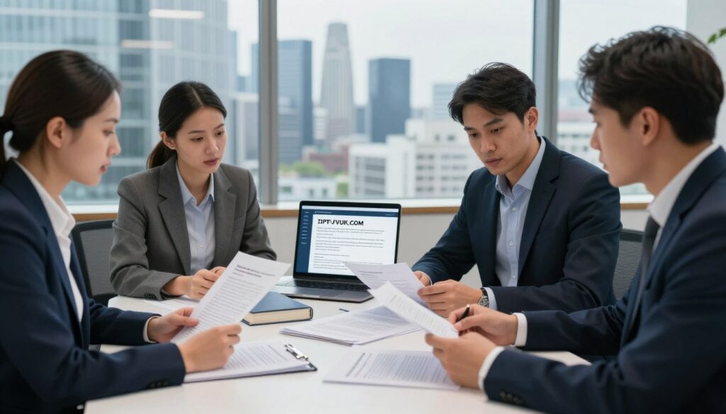 A sophisticated office setting highlighting legal considerations in telecom and broadcasting. In the foreground, a diverse group of three professionals—two men and one woman—dressed in smart business attire are engaged in a serious discussion, reviewing documents related to IPTV regulations. The middle ground features a large table cluttered with legal papers, books, and a laptop displaying IPTVVUK.COM in a clear layout. The background showcases a sleek, modern window view of a city skyline, hinting at the fast-paced technology landscape. Soft, natural lighting enhances the atmosphere, creating an environment of focus and professionalism. The overall mood conveys diligence and awareness of legal implications in the IPTV industry. A sophisticated office setting highlighting legal considerations in telecom and broadcasting. In the foreground, a diverse group of three professionals—two men and one woman—dressed in smart business attire are engaged in a serious discussion, reviewing documents related to IPTV regulations. The middle ground features a large table cluttered with legal papers, books, and a laptop displaying IPTVVUK.COM in a clear layout. The background showcases a sleek, modern window view of a city skyline, hinting at the fast-paced technology landscape. Soft, natural lighting enhances the atmosphere, creating an environment of focus and professionalism. The overall mood conveys diligence and awareness of legal implications in the IPTV industry.