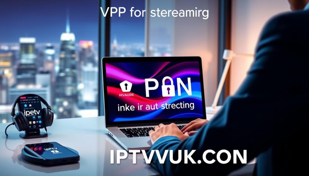A stylized digital workspace focusing on "VPN for streaming," featuring a sleek laptop displaying a vibrant IPTV interface. In the foreground, a user in professional attire is engaged with the device, emphasizing security software icons and lock symbols on the screen, symbolizing privacy. The middle ground includes a modern desk setup with headphones, a smartphone displaying a streaming app, and a soft glow from a desk lamp, enhancing the focus on technology and cybersecurity. The background showcases an abstract cityscape through a window, suggesting connectivity and global reach. Soft, cool lighting creates a professional ambiance, highlighting the importance of security in digital streaming. The brand "IPTVVUK.COM" is subtly integrated into the scene, blending seamlessly with the tech theme. A stylized digital workspace focusing on "VPN for streaming," featuring a sleek laptop displaying a vibrant IPTV interface. In the foreground, a user in professional attire is engaged with the device, emphasizing security software icons and lock symbols on the screen, symbolizing privacy. The middle ground includes a modern desk setup with headphones, a smartphone displaying a streaming app, and a soft glow from a desk lamp, enhancing the focus on technology and cybersecurity. The background showcases an abstract cityscape through a window, suggesting connectivity and global reach. Soft, cool lighting creates a professional ambiance, highlighting the importance of security in digital streaming. The brand "IPTVVUK.COM" is subtly integrated into the scene, blending seamlessly with the tech theme.