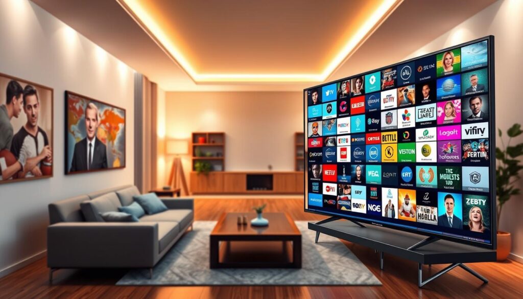 A vibrant and dynamic digital landscape showcasing a wide array of IPTV channels. In the foreground, a sleek, high-tech TV displaying a colorful grid of channel icons, symbolizing thousands of content options available. The middle ground features a modern living room setting with a comfortable couch and a stylish coffee table, conveying a cozy, family-friendly atmosphere. The background opens up to a warm, inviting space with soft ambient lighting, enhancing the feeling of relaxation. An overhead angle captures the entire scene, emphasizing the seamless connection to entertainment. Subtle reflections on the TV screen suggest a diverse range of shows from sports to movies to educational content. Include the brand name "IPTVVUK.COM" discretely integrated into the design, ensuring a professional look without text overload. A vibrant and dynamic digital landscape showcasing a wide array of IPTV channels. In the foreground, a sleek, high-tech TV displaying a colorful grid of channel icons, symbolizing thousands of content options available. The middle ground features a modern living room setting with a comfortable couch and a stylish coffee table, conveying a cozy, family-friendly atmosphere. The background opens up to a warm, inviting space with soft ambient lighting, enhancing the feeling of relaxation. An overhead angle captures the entire scene, emphasizing the seamless connection to entertainment. Subtle reflections on the TV screen suggest a diverse range of shows from sports to movies to educational content. Include the brand name "IPTVVUK.COM" discretely integrated into the design, ensuring a professional look without text overload.