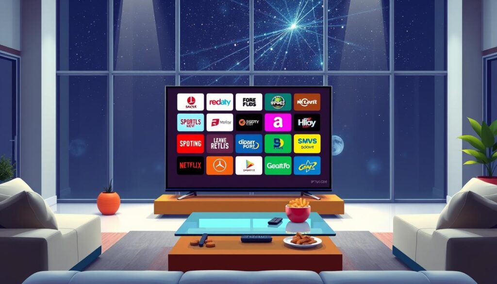 A vibrant digital illustration depicting a variety of IPTV channels offered by Galaxy Streams. In the foreground, a sleek modern living room features a large flat-screen TV displaying colorful channel logos, showcasing a diverse selection from sports to movies to news. The middle ground includes a stylish coffee table with a remote control and snacks, inviting viewers to relax and enjoy the content. In the background, large windows reveal a starry night outside, adding a cosmic touch to the atmosphere, while soft, ambient lighting enhances a cozy yet high-tech environment. The overall mood is exciting and engaging, reflecting an extensive channel selection from IPTVVUK.COM, welcoming viewers to explore limitless entertainment options. A vibrant digital illustration depicting a variety of IPTV channels offered by Galaxy Streams. In the foreground, a sleek modern living room features a large flat-screen TV displaying colorful channel logos, showcasing a diverse selection from sports to movies to news. The middle ground includes a stylish coffee table with a remote control and snacks, inviting viewers to relax and enjoy the content. In the background, large windows reveal a starry night outside, adding a cosmic touch to the atmosphere, while soft, ambient lighting enhances a cozy yet high-tech environment. The overall mood is exciting and engaging, reflecting an extensive channel selection from IPTVVUK.COM, welcoming viewers to explore limitless entertainment options.
