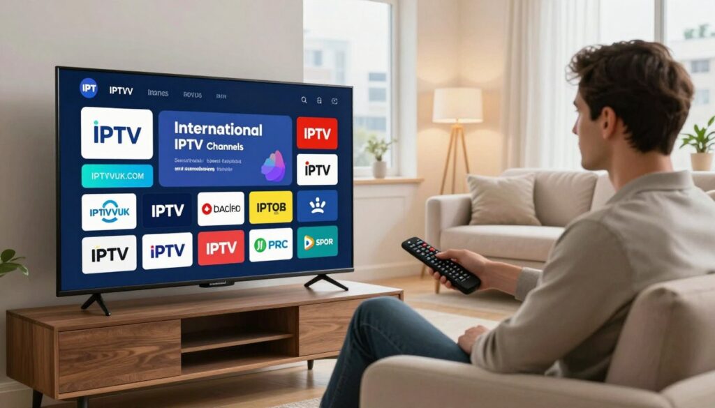A vibrant digital workspace showcasing various International IPTV channels is depicted. In the foreground, a sleek modern TV screen displays a dynamic interface with colorful logos from diverse IPTV services, including IPTVVUK.COM. The middle ground features a stylish, contemporary living room with plush furniture and soft lighting, creating a warm, inviting atmosphere. A professional-looking individual in smart casual attire is seated on the couch, engaged with a remote control, immersed in the viewing experience. The background reveals a bright window with cityscape views, enhancing the sense of connectivity. The setting features warm, natural lighting, emphasizing a relaxed mood and a sense of global entertainment. The overall image should convey the accessibility and variety of IPTV services available for specialized needs. A vibrant digital workspace showcasing various International IPTV channels is depicted. In the foreground, a sleek modern TV screen displays a dynamic interface with colorful logos from diverse IPTV services, including IPTVVUK.COM. The middle ground features a stylish, contemporary living room with plush furniture and soft lighting, creating a warm, inviting atmosphere. A professional-looking individual in smart casual attire is seated on the couch, engaged with a remote control, immersed in the viewing experience. The background reveals a bright window with cityscape views, enhancing the sense of connectivity. The setting features warm, natural lighting, emphasizing a relaxed mood and a sense of global entertainment. The overall image should convey the accessibility and variety of IPTV services available for specialized needs.