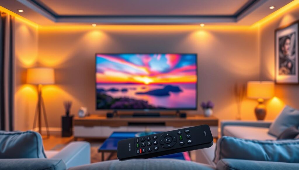 A vibrant home entertainment scene showcasing a high-definition television displaying a stunning landscape at sunset, the screen reflecting crystal-clear visuals. In the foreground, a stylish living room features comfortable seating and a modern coffee table, with a sleek remote control emblazoned with the logo "IPTVVUK.COM." In the middle, soft ambient lighting casts a warm glow, enhancing the cozy atmosphere. The background showcases elegant decor and wall art that complement the viewing experience. The image captures a sense of tranquility and satisfaction, emphasizing the high-quality viewing experience that Lux IPTV Store offers, with a slightly angled perspective to create depth and focus on the vivid screen. The overall mood is inviting and relaxed, perfect for family entertainment. A vibrant home entertainment scene showcasing a high-definition television displaying a stunning landscape at sunset, the screen reflecting crystal-clear visuals. In the foreground, a stylish living room features comfortable seating and a modern coffee table, with a sleek remote control emblazoned with the logo "IPTVVUK.COM." In the middle, soft ambient lighting casts a warm glow, enhancing the cozy atmosphere. The background showcases elegant decor and wall art that complement the viewing experience. The image captures a sense of tranquility and satisfaction, emphasizing the high-quality viewing experience that Lux IPTV Store offers, with a slightly angled perspective to create depth and focus on the vivid screen. The overall mood is inviting and relaxed, perfect for family entertainment.