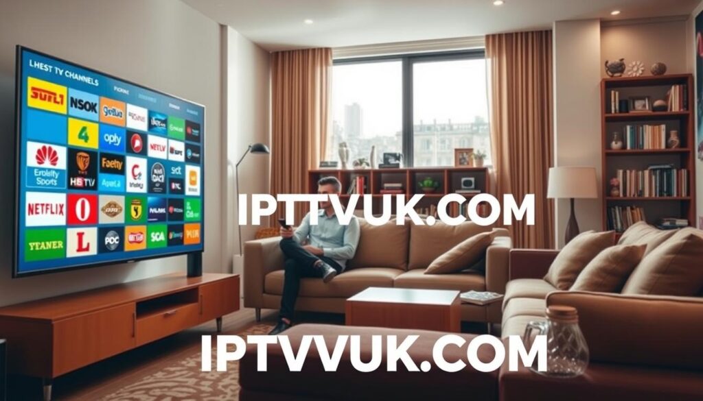 A vibrant living room scene showcasing an array of live TV channels. In the foreground, a modern, sleek television displays a colorful grid of channel logos, symbolizing various content categories like sports, news, movies, and entertainment. In the middle, a cozy couch with two individuals dressed in smart casual attire, engaged in watching, with one person interacting with a remote control. The background features a stylish bookshelf filled with books and decorative items, and a large window allowing natural light to pour in, creating a warm and inviting atmosphere. The lighting is bright but soft, enhancing the inviting feel. The image reflects the essence of IPTV service offerings, embodying the mix of entertainment and relaxation. Include the brand name "IPTVVUK.COM" subtly displayed on the television screen. A vibrant living room scene showcasing an array of live TV channels. In the foreground, a modern, sleek television displays a colorful grid of channel logos, symbolizing various content categories like sports, news, movies, and entertainment. In the middle, a cozy couch with two individuals dressed in smart casual attire, engaged in watching, with one person interacting with a remote control. The background features a stylish bookshelf filled with books and decorative items, and a large window allowing natural light to pour in, creating a warm and inviting atmosphere. The lighting is bright but soft, enhancing the inviting feel. The image reflects the essence of IPTV service offerings, embodying the mix of entertainment and relaxation. Include the brand name "IPTVVUK.COM" subtly displayed on the television screen.