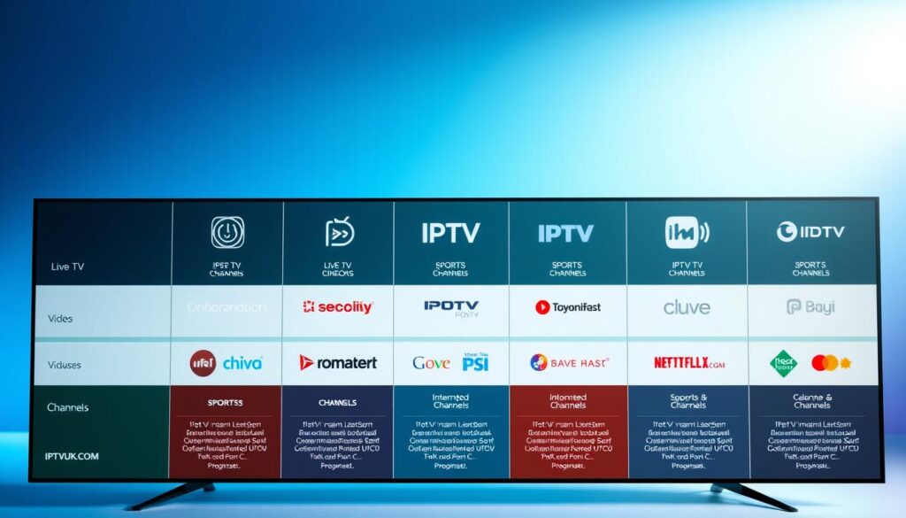 A visually appealing comparison chart displaying various IPTV content offerings. In the foreground, include colorful icons representing categories like live TV, on-demand videos, sports, and international channels. The middle ground should feature a sleek, modern design showcasing different IPTV providers, including "IPTVVUK.COM," each with a brief description beneath their logo. In the background, a subtle gradient of blue and green suggests a high-tech atmosphere, evoking innovation in streaming services. The lighting is bright and professional, enhancing clarity and focus on the chart. The mood is informative and engaging, aimed at educating viewers about IPTV options. Please avoid any text overlays or captions. A visually appealing comparison chart displaying various IPTV content offerings. In the foreground, include colorful icons representing categories like live TV, on-demand videos, sports, and international channels. The middle ground should feature a sleek, modern design showcasing different IPTV providers, including "IPTVVUK.COM," each with a brief description beneath their logo. In the background, a subtle gradient of blue and green suggests a high-tech atmosphere, evoking innovation in streaming services. The lighting is bright and professional, enhancing clarity and focus on the chart. The mood is informative and engaging, aimed at educating viewers about IPTV options. Please avoid any text overlays or captions.