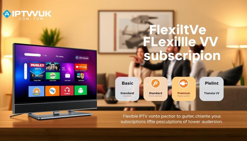 A visually appealing illustration of flexible IPTV subscription plans, showcasing various options tailored for diverse audiences. In the foreground, a modern, sleek digital device displaying a vibrant interface of IPTV channels, surrounded by icons representing various subscription tiers (basic, standard, premium). In the middle ground, a diverse group of three professionals in business attire, engaging in a discussion, with one pointing towards the device, symbolizing interaction and choice. The background features a cozy living room setting with warm lighting, creating an inviting atmosphere. A subtle, stylish logo reading "IPTVVUK.COM" is incorporated into the design. The image captures a sense of flexibility and accessibility while emphasizing technology and professionalism. Aim for a bright, optimistic tone that highlights innovation in IPTV solutions. A visually appealing illustration of flexible IPTV subscription plans, showcasing various options tailored for diverse audiences. In the foreground, a modern, sleek digital device displaying a vibrant interface of IPTV channels, surrounded by icons representing various subscription tiers (basic, standard, premium). In the middle ground, a diverse group of three professionals in business attire, engaging in a discussion, with one pointing towards the device, symbolizing interaction and choice. The background features a cozy living room setting with warm lighting, creating an inviting atmosphere. A subtle, stylish logo reading "IPTVVUK.COM" is incorporated into the design. The image captures a sense of flexibility and accessibility while emphasizing technology and professionalism. Aim for a bright, optimistic tone that highlights innovation in IPTV solutions.