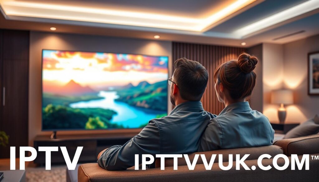 A visually captivating scene showcasing "IPTV King streaming quality." In the foreground, a sleek modern living room with a stylish flat-screen TV displaying vibrant streaming content, featuring lush landscapes and dynamic action scenes, representative of high-definition IPTV. Two individuals, a man and a woman in professional attire, are seated comfortably on a plush sofa, their expressions filled with awe as they enjoy the stunning visuals. In the middle ground, subtle ambient lighting highlights the contours of the room, creating an inviting atmosphere. The background reveals a tasteful decor with soft, warm colors that enhance the focus on the TV screen. Capture a sense of excitement and engagement as the viewers experience the exceptional streaming performance. The brand name "IPTVVUK.COM" subtly integrated into the environment, blending seamlessly with the scene. A visually captivating scene showcasing "IPTV King streaming quality." In the foreground, a sleek modern living room with a stylish flat-screen TV displaying vibrant streaming content, featuring lush landscapes and dynamic action scenes, representative of high-definition IPTV. Two individuals, a man and a woman in professional attire, are seated comfortably on a plush sofa, their expressions filled with awe as they enjoy the stunning visuals. In the middle ground, subtle ambient lighting highlights the contours of the room, creating an inviting atmosphere. The background reveals a tasteful decor with soft, warm colors that enhance the focus on the TV screen. Capture a sense of excitement and engagement as the viewers experience the exceptional streaming performance. The brand name "IPTVVUK.COM" subtly integrated into the environment, blending seamlessly with the scene.