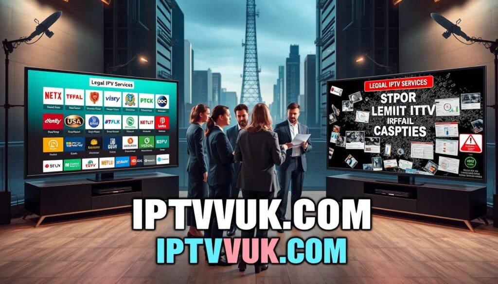 A visually compelling comparison image highlighting legal versus illegal IPTV services. In the foreground, two distinct television screens display contrasting content: one showing a vibrant, organized streaming interface labeled "Legal IPTV Services" with logos from reputable providers, and the other a dimly lit, chaotic interface labeled "Illegal IPTV Services" surrounded by warning signs. In the middle, a diverse group of professionals in business attire is engaged in discussion, analyzing documents and charts that depict comparison metrics. The background features an urban setting with modern technology elements, like satellites and fiber-optic cables, suggesting a networked environment. The lighting is soft and focused on the screens, creating a serious yet informative mood. The brand name "IPTVVUK.COM" subtly integrated into the scene, enhancing the overall theme of secure streaming options. A visually compelling comparison image highlighting legal versus illegal IPTV services. In the foreground, two distinct television screens display contrasting content: one showing a vibrant, organized streaming interface labeled "Legal IPTV Services" with logos from reputable providers, and the other a dimly lit, chaotic interface labeled "Illegal IPTV Services" surrounded by warning signs. In the middle, a diverse group of professionals in business attire is engaged in discussion, analyzing documents and charts that depict comparison metrics. The background features an urban setting with modern technology elements, like satellites and fiber-optic cables, suggesting a networked environment. The lighting is soft and focused on the screens, creating a serious yet informative mood. The brand name "IPTVVUK.COM" subtly integrated into the scene, enhancing the overall theme of secure streaming options.