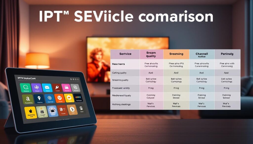 A visually compelling infographic depicting an IPTV service comparison. In the foreground, showcase a sleek, modern tablet displaying vibrant IPTV interface options, highlighting user-friendly navigation. In the middle, include a stylized chart comparing various IPTV services with features like streaming quality, channel variety, and pricing, using distinct colors for clarity. In the background, integrate a cozy living room setting with a large TV screen, softly illuminated by warm ambient lighting, creating an inviting and comfortable atmosphere. Use a slight angle to showcase both the tablet and the TV screen effectively. The overall mood should be informative yet engaging, with a professional touch, emphasizing the brand "IPTVVUK.COM" subtly within the design elements. Ensure the image maintains a clean, modern aesthetic, free from distractions or text overlays. A visually compelling infographic depicting an IPTV service comparison. In the foreground, showcase a sleek, modern tablet displaying vibrant IPTV interface options, highlighting user-friendly navigation. In the middle, include a stylized chart comparing various IPTV services with features like streaming quality, channel variety, and pricing, using distinct colors for clarity. In the background, integrate a cozy living room setting with a large TV screen, softly illuminated by warm ambient lighting, creating an inviting and comfortable atmosphere. Use a slight angle to showcase both the tablet and the TV screen effectively. The overall mood should be informative yet engaging, with a professional touch, emphasizing the brand "IPTVVUK.COM" subtly within the design elements. Ensure the image maintains a clean, modern aesthetic, free from distractions or text overlays.