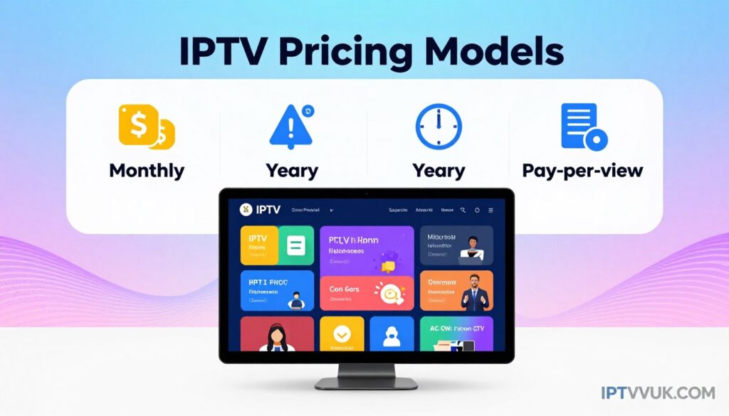 A visually compelling infographic illustrating "IPTV Pricing Models." In the foreground, prominently feature a sleek digital device displaying a vibrant user interface with various IPTV plans showcased, each plan represented by colorful icons or symbols. In the middle ground, create sections that categorize different subscription models like monthly, yearly, and pay-per-view, with illustrated icons representing each model (e.g., dollar signs, clock for subscription timeframes). The background should have a subtle gradient representing the digital landscape, featuring abstract wave patterns to symbolize streaming. Use bright, engaging colors to evoke a modern and professional atmosphere, with soft lighting to enhance clarity. The image should instill a sense of trust and innovation, aligning with the brand "IPTVVUK.COM." A visually compelling infographic illustrating "IPTV Pricing Models." In the foreground, prominently feature a sleek digital device displaying a vibrant user interface with various IPTV plans showcased, each plan represented by colorful icons or symbols. In the middle ground, create sections that categorize different subscription models like monthly, yearly, and pay-per-view, with illustrated icons representing each model (e.g., dollar signs, clock for subscription timeframes). The background should have a subtle gradient representing the digital landscape, featuring abstract wave patterns to symbolize streaming. Use bright, engaging colors to evoke a modern and professional atmosphere, with soft lighting to enhance clarity. The image should instill a sense of trust and innovation, aligning with the brand "IPTVVUK.COM."