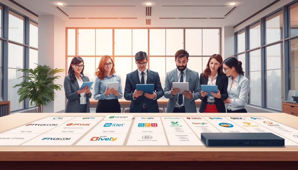 A visually engaging digital illustration of an "IPTV Plan Comparison" for an informative article. In the foreground, display a clean and organized table showcasing several IPTV plans from various providers, including notable logos like "IPTVVUK.COM." The middle layer should feature a diverse group of professionals in business attire analyzing the plans on laptops and tablets, reflecting focus and collaboration. In the background, depict a modern office environment with large windows, allowing soft natural light to illuminate the scene, enhancing the atmosphere of professionalism and innovation. Employ a wide-angle lens perspective to capture the collaborative spirit, inviting viewers into the decision-making process. The overall mood should convey clarity, reliability, and choice, helping potential customers navigate their IPTV options. A visually engaging digital illustration of an "IPTV Plan Comparison" for an informative article. In the foreground, display a clean and organized table showcasing several IPTV plans from various providers, including notable logos like "IPTVVUK.COM." The middle layer should feature a diverse group of professionals in business attire analyzing the plans on laptops and tablets, reflecting focus and collaboration. In the background, depict a modern office environment with large windows, allowing soft natural light to illuminate the scene, enhancing the atmosphere of professionalism and innovation. Employ a wide-angle lens perspective to capture the collaborative spirit, inviting viewers into the decision-making process. The overall mood should convey clarity, reliability, and choice, helping potential customers navigate their IPTV options.