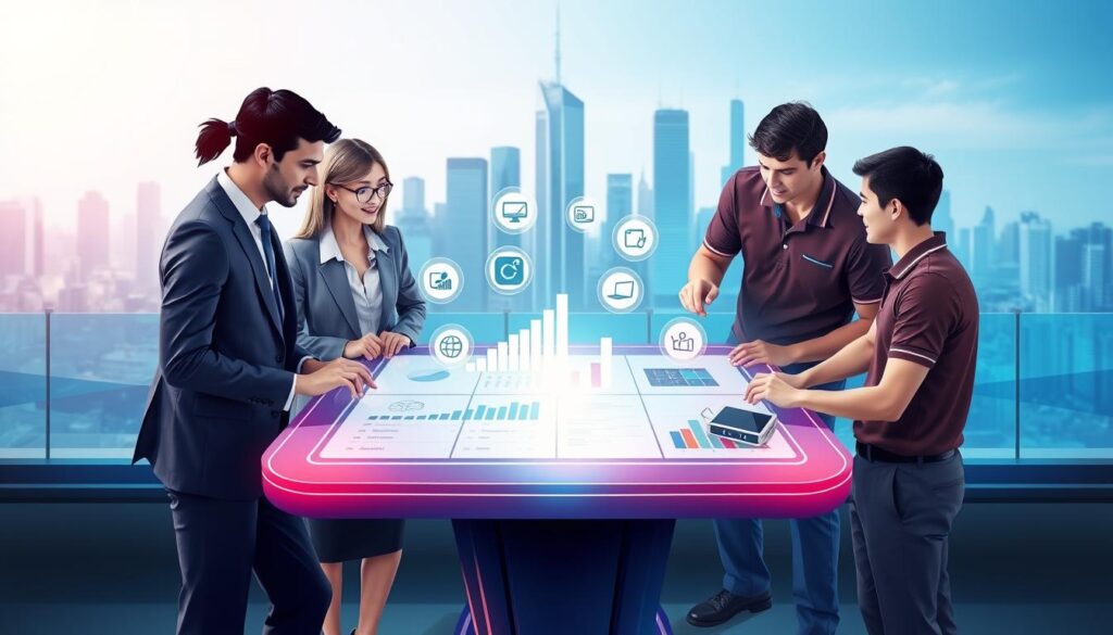 A visually engaging illustration representing "IPTV Pricing Factors." In the foreground, a diverse group of four professionals – a businesswoman and businessman in smart suits, a tech-savvy woman in business casual attire, and a young man in a smart polo shirt – are collaboratively discussing pricing strategies around a futuristic-looking digital table displaying graphs and charts. The middle ground features floating icons symbolizing key pricing elements like content providers, subscription models, bandwidth quality, and device compatibility. In the background, a sleek city skyline conveys a tech-forward atmosphere, with soft blue and green lighting adding a modern touch. The overall mood is one of innovation and professionalism. Include the brand name "IPTVVUK.COM" subtly integrated into the digital table design, without any text overlays or watermarks. A visually engaging illustration representing "IPTV Pricing Factors." In the foreground, a diverse group of four professionals – a businesswoman and businessman in smart suits, a tech-savvy woman in business casual attire, and a young man in a smart polo shirt – are collaboratively discussing pricing strategies around a futuristic-looking digital table displaying graphs and charts. The middle ground features floating icons symbolizing key pricing elements like content providers, subscription models, bandwidth quality, and device compatibility. In the background, a sleek city skyline conveys a tech-forward atmosphere, with soft blue and green lighting adding a modern touch. The overall mood is one of innovation and professionalism. Include the brand name "IPTVVUK.COM" subtly integrated into the digital table design, without any text overlays or watermarks.