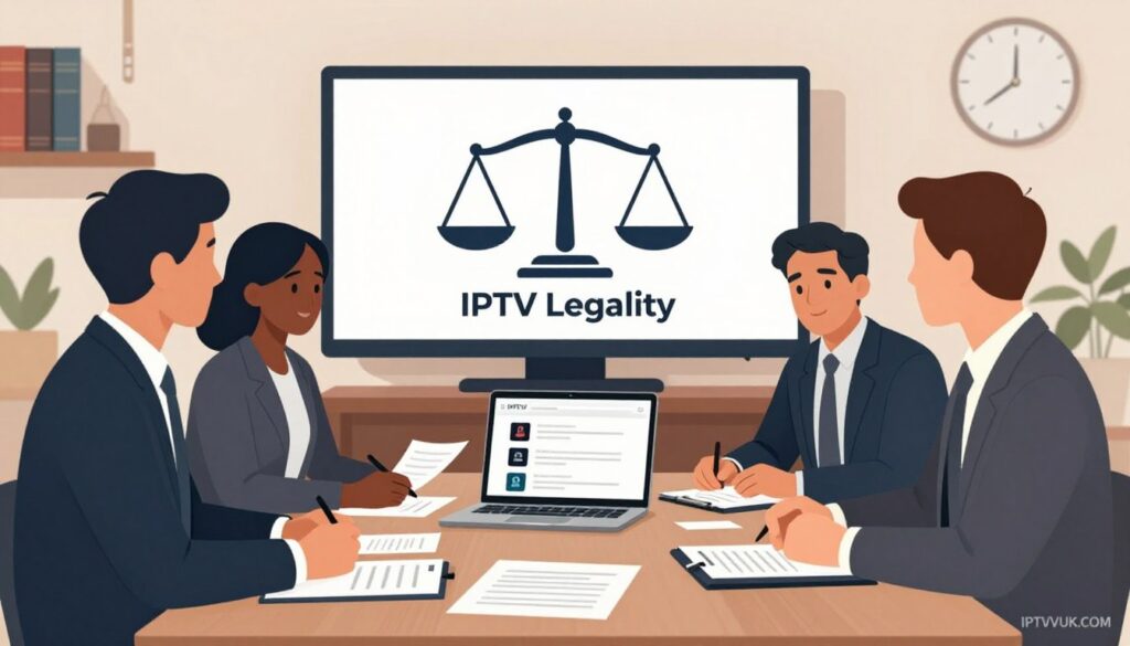 A visually engaging illustration representing the concept of "IPTV Legality" in the United States, focusing on a professional business meeting setting. In the foreground, a diverse group of three professionals, dressed in smart business attire, are engaged in a discussion around a table covered with legal documents and a laptop displaying IPTV service comparisons. In the middle, a large screen in the background shows a graphic of legal scales balanced against a television, symbolizing fairness and compliance in IPTV services. Soft, warm lighting creates an inviting atmosphere, while the angle captures the dynamics of the conversation. Subtle details like legal books on a shelf and a clock on the wall enhance the context. The bottom corner features the brand name "IPTVVUK.COM" subtly integrated into the design, ensuring a clean, professional look. A visually engaging illustration representing the concept of "IPTV Legality" in the United States, focusing on a professional business meeting setting. In the foreground, a diverse group of three professionals, dressed in smart business attire, are engaged in a discussion around a table covered with legal documents and a laptop displaying IPTV service comparisons. In the middle, a large screen in the background shows a graphic of legal scales balanced against a television, symbolizing fairness and compliance in IPTV services. Soft, warm lighting creates an inviting atmosphere, while the angle captures the dynamics of the conversation. Subtle details like legal books on a shelf and a clock on the wall enhance the context. The bottom corner features the brand name "IPTVVUK.COM" subtly integrated into the design, ensuring a clean, professional look.