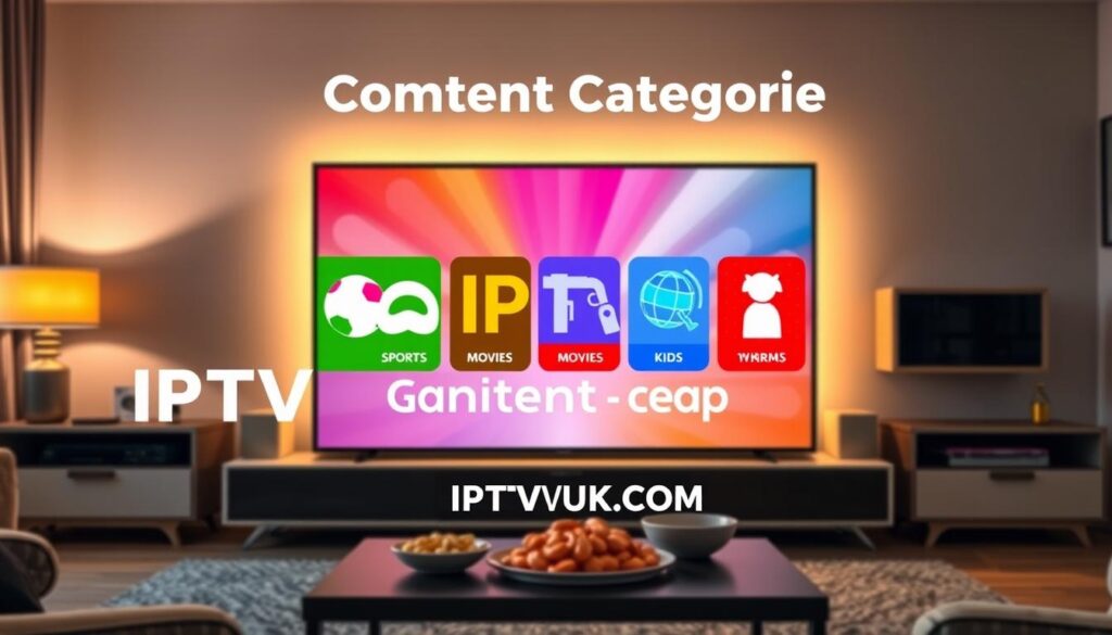 A visually engaging infographic representing "IPTV Content Categories," showcasing a variety of streaming options. In the foreground, a stylized television screen displays vibrant images symbolizing various genres: sports, movies, documentaries, and kids' shows. The middle section features colorful icons representing each category, creatively arranged around the screen, such as a soccer ball for sports, a film reel for movies, a globe for documentaries, and playful characters for children's content. The background includes a cozy living room setup with soft, ambient lighting emanating from the TV. A modern coffee table holds snacks, enhancing a relaxed viewing atmosphere. The overall mood is inviting and entertaining. The brand "IPTVVUK.COM" is subtly included, without any text overlays or distractions. High-resolution, sharp focus, lens effect to highlight the content. A visually engaging infographic representing "IPTV Content Categories," showcasing a variety of streaming options. In the foreground, a stylized television screen displays vibrant images symbolizing various genres: sports, movies, documentaries, and kids' shows. The middle section features colorful icons representing each category, creatively arranged around the screen, such as a soccer ball for sports, a film reel for movies, a globe for documentaries, and playful characters for children's content. The background includes a cozy living room setup with soft, ambient lighting emanating from the TV. A modern coffee table holds snacks, enhancing a relaxed viewing atmosphere. The overall mood is inviting and entertaining. The brand "IPTVVUK.COM" is subtly included, without any text overlays or distractions. High-resolution, sharp focus, lens effect to highlight the content.