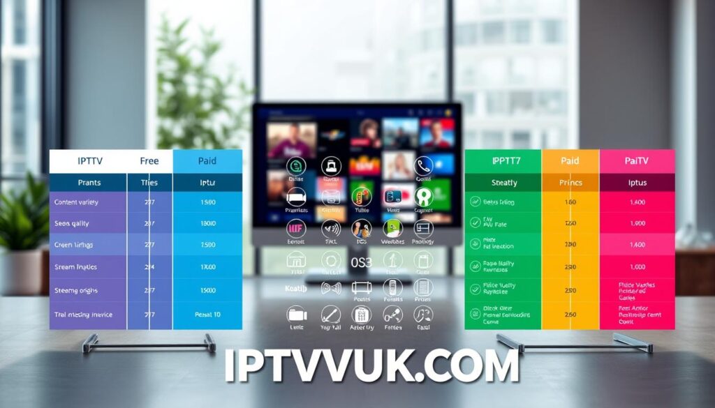 A visually engaging infographic showcasing a detailed comparison of IPTV services, prominently featuring the brand name "IPTVVUK.COM". The foreground includes side-by-side comparison charts illustrating free and paid IPTV options with contrasting colors for clarity. In the middle ground, include icons representing features like content variety, streaming quality, and pricing tiers, arranged neatly for easy visual comparison. The background is a sleek modern workspace setting with a soft-focus of a computer screen showing streaming content, bathed in natural light to create a welcoming atmosphere. Use vibrant colors to convey the excitement of entertainment options, ensuring the overall mood is informative and professional without any text or watermarks. A visually engaging infographic showcasing a detailed comparison of IPTV services, prominently featuring the brand name "IPTVVUK.COM". The foreground includes side-by-side comparison charts illustrating free and paid IPTV options with contrasting colors for clarity. In the middle ground, include icons representing features like content variety, streaming quality, and pricing tiers, arranged neatly for easy visual comparison. The background is a sleek modern workspace setting with a soft-focus of a computer screen showing streaming content, bathed in natural light to create a welcoming atmosphere. Use vibrant colors to convey the excitement of entertainment options, ensuring the overall mood is informative and professional without any text or watermarks.