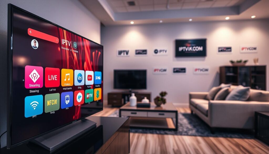 A visually engaging representation of IPTV features, focusing on the modern digital landscape. In the foreground, display a sleek, high-definition television screen showcasing various IPTV applications with vibrant colors. Include icons for features like live streaming, video on demand, multi-device support, and EPG (Electronic Program Guide). In the middle ground, portray a stylish living room setting with a comfortable sofa and a coffee table, emphasizing a cozy, inviting atmosphere. The background should feature a wall with streaming service logos, such as IPTVVUK.COM, subtly integrated. Use soft, ambient lighting to create a warm and welcoming mood, using a wide-angle lens to capture the entire scene effectively. The image should feel contemporary and tech-savvy, highlighting the essential features viewers look for in IPTV services. A visually engaging representation of IPTV features, focusing on the modern digital landscape. In the foreground, display a sleek, high-definition television screen showcasing various IPTV applications with vibrant colors. Include icons for features like live streaming, video on demand, multi-device support, and EPG (Electronic Program Guide). In the middle ground, portray a stylish living room setting with a comfortable sofa and a coffee table, emphasizing a cozy, inviting atmosphere. The background should feature a wall with streaming service logos, such as IPTVVUK.COM, subtly integrated. Use soft, ambient lighting to create a warm and welcoming mood, using a wide-angle lens to capture the entire scene effectively. The image should feel contemporary and tech-savvy, highlighting the essential features viewers look for in IPTV services.