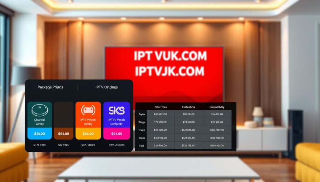 A visually engaging representation of IPTV subscription plans, featuring a professionally designed digital display showcasing multiple pricing options. In the foreground, sleek icons symbolize various package tiers, with vibrant colors emphasizing value for users. The middle layer includes a stylized chart comparing features like channel variety, streaming quality, and device compatibility. In the background, a modern living room scene presents a television prominently displaying the logo "IPTVVUK.COM," with soft ambient lighting creating a cozy atmosphere. The lens should capture the image in a slightly elevated angle, making it appear inviting and informative. The overall mood is dynamic and modern, reflecting the tech-savvy nature of IPTV services for users, especially 4K options. A visually engaging representation of IPTV subscription plans, featuring a professionally designed digital display showcasing multiple pricing options. In the foreground, sleek icons symbolize various package tiers, with vibrant colors emphasizing value for users. The middle layer includes a stylized chart comparing features like channel variety, streaming quality, and device compatibility. In the background, a modern living room scene presents a television prominently displaying the logo "IPTVVUK.COM," with soft ambient lighting creating a cozy atmosphere. The lens should capture the image in a slightly elevated angle, making it appear inviting and informative. The overall mood is dynamic and modern, reflecting the tech-savvy nature of IPTV services for users, especially 4K options.