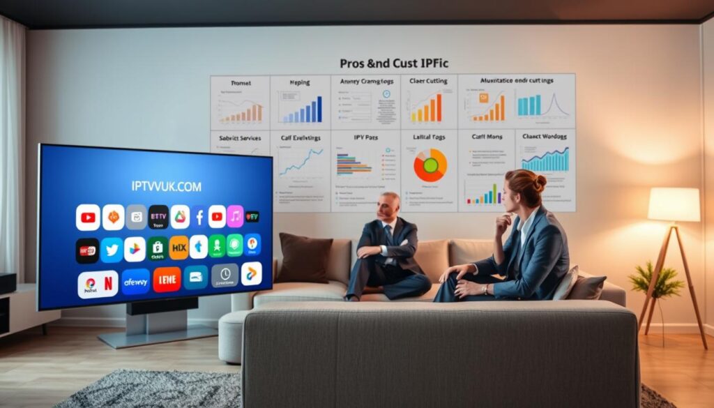 A visually engaging scene depicting the pros and cons of IPTV Epic, set in a modern living room. In the foreground, a sleek television displays the IPTVVUK.COM logo, surrounded by colorful app icons illustrating various streaming options. The middle ground features a comfortable sofa with a thoughtful couple dressed in professional business attire, contemplating the benefits of cord-cutting. In the background, a wall adorned with charts and graphs represents both the advantages and limitations of IPTV services, highlighted by soft, ambient lighting to create an inviting atmosphere. The overall mood is reflective, emphasizing the decision-making process of users evaluating IPTV options, captured from a slightly elevated angle to provide depth and focus on their engagement with the service. A visually engaging scene depicting the pros and cons of IPTV Epic, set in a modern living room. In the foreground, a sleek television displays the IPTVVUK.COM logo, surrounded by colorful app icons illustrating various streaming options. The middle ground features a comfortable sofa with a thoughtful couple dressed in professional business attire, contemplating the benefits of cord-cutting. In the background, a wall adorned with charts and graphs represents both the advantages and limitations of IPTV services, highlighted by soft, ambient lighting to create an inviting atmosphere. The overall mood is reflective, emphasizing the decision-making process of users evaluating IPTV options, captured from a slightly elevated angle to provide depth and focus on their engagement with the service.