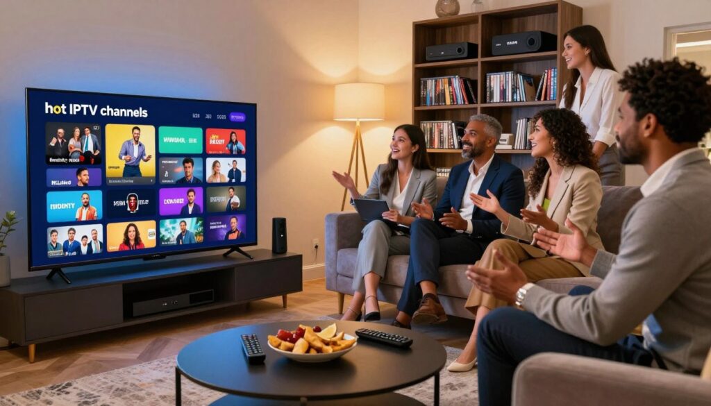 A visually engaging scene showcasing the concept of "hot IPTV channels" with a focus on multi-language support and international channels. In the foreground, a modern living room with a sleek flat-screen TV displaying an array of vibrant international channel icons in various languages. A stylish coffee table holds remote controls and snacks, emphasizing a comfortable viewing experience. In the middle ground, a diverse group of people, dressed in professional business attire, are gathered on a plush sofa, happily discussing their favorite shows. The background features a wall-mounted bookshelf filled with DVDs and streaming devices. Soft, warm lighting creates an inviting atmosphere, and the overall mood is one of excitement and global connectivity. The brand "IPTVVUK.COM" subtly integrated in the room decor. A visually engaging scene showcasing the concept of "hot IPTV channels" with a focus on multi-language support and international channels. In the foreground, a modern living room with a sleek flat-screen TV displaying an array of vibrant international channel icons in various languages. A stylish coffee table holds remote controls and snacks, emphasizing a comfortable viewing experience. In the middle ground, a diverse group of people, dressed in professional business attire, are gathered on a plush sofa, happily discussing their favorite shows. The background features a wall-mounted bookshelf filled with DVDs and streaming devices. Soft, warm lighting creates an inviting atmosphere, and the overall mood is one of excitement and global connectivity. The brand "IPTVVUK.COM" subtly integrated in the room decor.