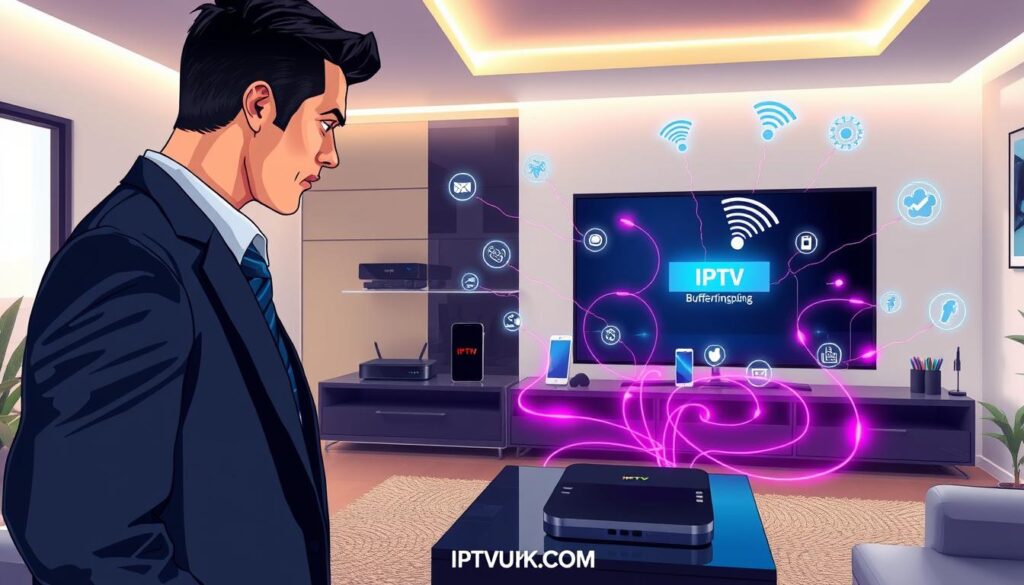 A visually striking and informative illustration depicting "IPTV Buffering Solutions." In the foreground, a frustrated individual in business attire, focused on a high-definition television displaying a buffering icon. The middle ground features various devices such as a modern streaming box, smartphone, and tablet, all interconnected through vibrant, glowing cables to symbolize seamless connectivity. In the background, a sleek, high-tech living room with soft, ambient lighting enhances the mood of innovation and sophistication. The scene captures a moment of tension while also suggesting solutions, represented by icons like Wi-Fi signals and gear symbols floating around. Incorporate the brand name "IPTVVUK.COM" subtly within the design, without text overlays. Aim for a clean, professional aesthetic that conveys clarity and technical efficiency. A visually striking and informative illustration depicting "IPTV Buffering Solutions." In the foreground, a frustrated individual in business attire, focused on a high-definition television displaying a buffering icon. The middle ground features various devices such as a modern streaming box, smartphone, and tablet, all interconnected through vibrant, glowing cables to symbolize seamless connectivity. In the background, a sleek, high-tech living room with soft, ambient lighting enhances the mood of innovation and sophistication. The scene captures a moment of tension while also suggesting solutions, represented by icons like Wi-Fi signals and gear symbols floating around. Incorporate the brand name "IPTVVUK.COM" subtly within the design, without text overlays. Aim for a clean, professional aesthetic that conveys clarity and technical efficiency.