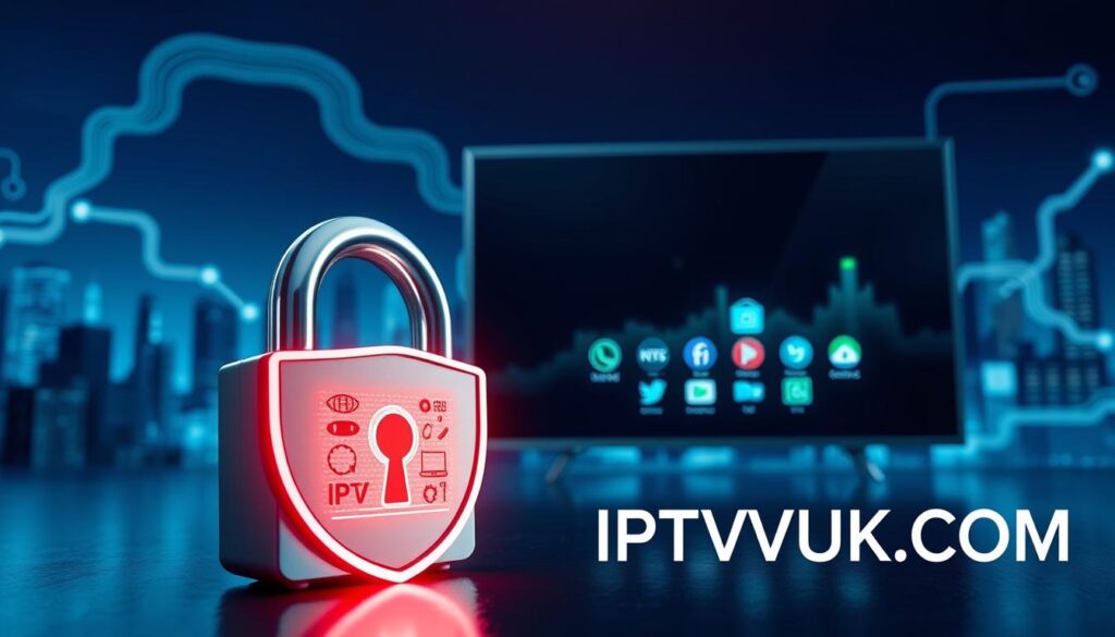 A visually striking and professional depiction of IPTV security considerations. In the foreground, feature a modern digital lock symbolizing robust online security, accompanied by an abstract shield to signify protection against threats. In the middle, show a sleek television screen with various IPTV service icons illuminated, reflecting the concept of viewing content safely. The background should include a darkened, futuristic city skyline with flowing digital data streams, representing the interconnected nature of IPTV and its vulnerabilities. Use soft blue and green lighting to create a secure and tech-savvy atmosphere. The perspective should be slightly angled, drawing the viewer's eye towards the lock and TV screen, emphasizing their importance. Include the brand name "IPTVVUK.COM" subtly integrated into the scene, maintaining a professional tone throughout. A visually striking and professional depiction of IPTV security considerations. In the foreground, feature a modern digital lock symbolizing robust online security, accompanied by an abstract shield to signify protection against threats. In the middle, show a sleek television screen with various IPTV service icons illuminated, reflecting the concept of viewing content safely. The background should include a darkened, futuristic city skyline with flowing digital data streams, representing the interconnected nature of IPTV and its vulnerabilities. Use soft blue and green lighting to create a secure and tech-savvy atmosphere. The perspective should be slightly angled, drawing the viewer's eye towards the lock and TV screen, emphasizing their importance. Include the brand name "IPTVVUK.COM" subtly integrated into the scene, maintaining a professional tone throughout.