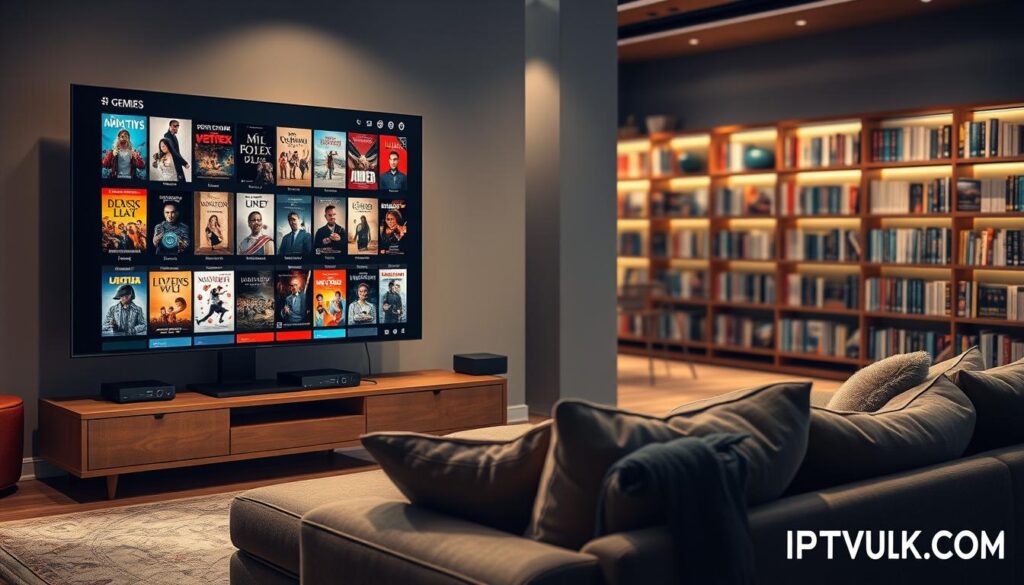 A visually striking depiction of an IPTV movie library featuring a sleek, modern living room setup. In the foreground, a stylish, large-screen TV displays an extensive selection of colorful movie covers and genres with rich, vibrant thumbnails. A cozy sofa with plush cushions faces the screen, inviting viewers to relax. In the middle ground, a wooden media center showcases an array of streaming devices and a neatly organized collection of DVDs, adding a touch of nostalgia. The background should have soft ambient lighting, creating a warm and inviting atmosphere, with a blurred view of shelves filled with books and movies to emphasize a personal touch. The overall mood is relaxed and enjoyable, reflecting the convenience of on-demand movie options from IPTVVUK.COM, showcasing the future of entertainment. A visually striking depiction of an IPTV movie library featuring a sleek, modern living room setup. In the foreground, a stylish, large-screen TV displays an extensive selection of colorful movie covers and genres with rich, vibrant thumbnails. A cozy sofa with plush cushions faces the screen, inviting viewers to relax. In the middle ground, a wooden media center showcases an array of streaming devices and a neatly organized collection of DVDs, adding a touch of nostalgia. The background should have soft ambient lighting, creating a warm and inviting atmosphere, with a blurred view of shelves filled with books and movies to emphasize a personal touch. The overall mood is relaxed and enjoyable, reflecting the convenience of on-demand movie options from IPTVVUK.COM, showcasing the future of entertainment.
