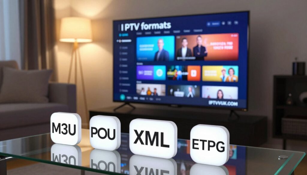 A visually striking illustration representing "IPTV formats" in a sleek, modern environment. In the foreground, various symbols depicting different IPTV formats (like M3U, XML, and EPG) arranged artistically on a glass table. In the middle, a Smart TV displaying a vivid interface with channel lists and streaming options, exuding a high-tech vibe. The background features a cozy living room with soft, ambient lighting, allowing the tech elements to stand out. The camera angle is slightly elevated, capturing the essence of a contemporary digital living space. The mood is informative yet inviting, perfect for tech enthusiasts. Prominently include the brand name "IPTVVUK.COM" integrated into the design, ensuring a clean and professional appearance. A visually striking illustration representing "IPTV formats" in a sleek, modern environment. In the foreground, various symbols depicting different IPTV formats (like M3U, XML, and EPG) arranged artistically on a glass table. In the middle, a Smart TV displaying a vivid interface with channel lists and streaming options, exuding a high-tech vibe. The background features a cozy living room with soft, ambient lighting, allowing the tech elements to stand out. The camera angle is slightly elevated, capturing the essence of a contemporary digital living space. The mood is informative yet inviting, perfect for tech enthusiasts. Prominently include the brand name "IPTVVUK.COM" integrated into the design, ensuring a clean and professional appearance.