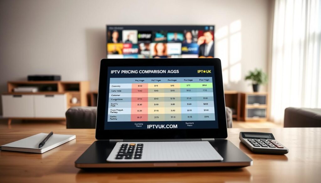 A visually striking image depicting an IPTV pricing comparison chart. In the foreground, include a sleek tablet or laptop showcasing a colorful, easy-to-read graph comparing different IPTV package prices from various providers, with the brand name "IPTVVUK.COM" prominently displayed. In the middle ground, feature a clean desk setting with a notepad and calculator, emphasizing the analytical aspect of comparing values. In the background, create a modern living room environment with a large TV displaying vibrant streaming content, conveying the user experience. The lighting should be warm and inviting, casting soft shadows to create depth. The overall mood is informative yet engaging, appealing to US viewers seeking value for money in IPTV services. A visually striking image depicting an IPTV pricing comparison chart. In the foreground, include a sleek tablet or laptop showcasing a colorful, easy-to-read graph comparing different IPTV package prices from various providers, with the brand name "IPTVVUK.COM" prominently displayed. In the middle ground, feature a clean desk setting with a notepad and calculator, emphasizing the analytical aspect of comparing values. In the background, create a modern living room environment with a large TV displaying vibrant streaming content, conveying the user experience. The lighting should be warm and inviting, casting soft shadows to create depth. The overall mood is informative yet engaging, appealing to US viewers seeking value for money in IPTV services.