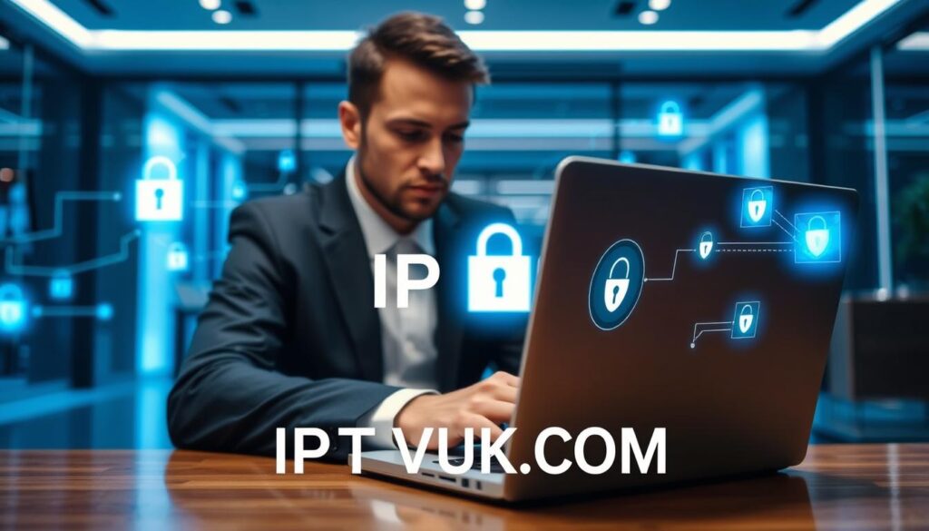 A visually striking representation of IPTV security measures, featuring a modern digital environment. In the foreground, a professional individual in business attire works intently on a laptop displaying a secure IPTV interface, with clear security icons like locks and shields. The middle ground includes elements like a network router and encrypted data streams visually represented as glowing lines connecting devices, signifying strong security protocols. The background should include a sleek, futuristic office with ambient blue lighting, symbolizing a high-tech atmosphere. Capture the seriousness of IPTV safety through sharp contrast in colors and focused lighting, with a slight blur to enhance depth, ensuring the overall mood is one of professionalism and caution. Include the brand "IPTVVUK.COM" discreetly within the scene. A visually striking representation of IPTV security measures, featuring a modern digital environment. In the foreground, a professional individual in business attire works intently on a laptop displaying a secure IPTV interface, with clear security icons like locks and shields. The middle ground includes elements like a network router and encrypted data streams visually represented as glowing lines connecting devices, signifying strong security protocols. The background should include a sleek, futuristic office with ambient blue lighting, symbolizing a high-tech atmosphere. Capture the seriousness of IPTV safety through sharp contrast in colors and focused lighting, with a slight blur to enhance depth, ensuring the overall mood is one of professionalism and caution. Include the brand "IPTVVUK.COM" discreetly within the scene.