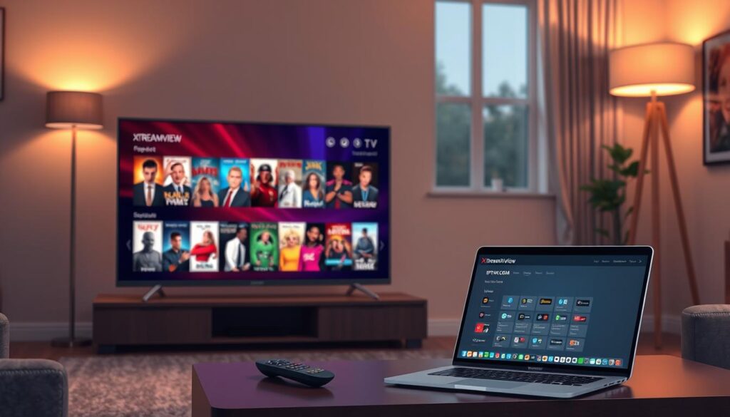 An elegant and modern digital illustration representing "XtreamView IPTV." In the foreground, feature a sleek, high-definition television displaying a vibrant, colorful array of movie and show thumbnails, symbolizing a vast Video On Demand (VOD) library. In the middle ground, include a stylish coffee table with a remote control and a laptop showcasing the IPTVVUK.COM interface, emphasizing user-friendliness. The background consists of a cozy living room setting, softly illuminated by warm ambient lighting from a floor lamp and natural light streaming through a window. The atmosphere should feel inviting and engaging, reflecting the convenience of streaming entertainment at home. Capture this scene from a slightly elevated angle, providing a comprehensive view of the IPTV experience. An elegant and modern digital illustration representing "XtreamView IPTV." In the foreground, feature a sleek, high-definition television displaying a vibrant, colorful array of movie and show thumbnails, symbolizing a vast Video On Demand (VOD) library. In the middle ground, include a stylish coffee table with a remote control and a laptop showcasing the IPTVVUK.COM interface, emphasizing user-friendliness. The background consists of a cozy living room setting, softly illuminated by warm ambient lighting from a floor lamp and natural light streaming through a window. The atmosphere should feel inviting and engaging, reflecting the convenience of streaming entertainment at home. Capture this scene from a slightly elevated angle, providing a comprehensive view of the IPTV experience.