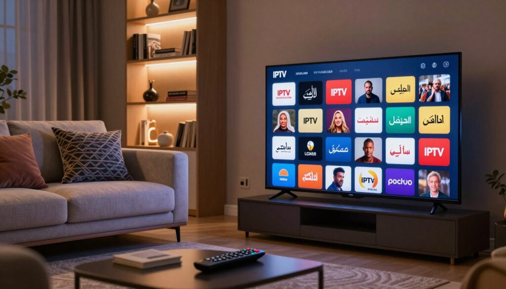 An engaging visualization of IPTV Arabic channels, showcasing a modern living room setting. In the foreground, a sleek flat-screen television displays a vibrant, colorful array of Arabic channel logos and program thumbnails, symbolizing extensive channel selection. In the middle distance, a stylish couch is adorned with decorative cushions, with a remote control resting casually on one side. The background features a softly lit, modern bookshelf filled with media and decor items, creating a warm and inviting atmosphere. Soft, ambient lighting enhances the cozy feel of the room, creating shadows that emphasize the furniture's textures. The image should evoke feelings of comfort and excitement about viewing diverse content. Include the brand name 'IPTVVUK.COM' subtly integrated into the scene, ensuring no text overlays or watermarks are present. An engaging visualization of IPTV Arabic channels, showcasing a modern living room setting. In the foreground, a sleek flat-screen television displays a vibrant, colorful array of Arabic channel logos and program thumbnails, symbolizing extensive channel selection. In the middle distance, a stylish couch is adorned with decorative cushions, with a remote control resting casually on one side. The background features a softly lit, modern bookshelf filled with media and decor items, creating a warm and inviting atmosphere. Soft, ambient lighting enhances the cozy feel of the room, creating shadows that emphasize the furniture's textures. The image should evoke feelings of comfort and excitement about viewing diverse content. Include the brand name 'IPTVVUK.COM' subtly integrated into the scene, ensuring no text overlays or watermarks are present.