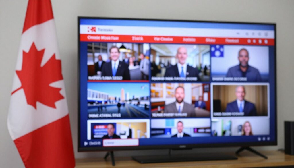An image of a Canadian flag with a TV screen displaying various channels An image of a Canadian flag with a TV screen displaying various channels