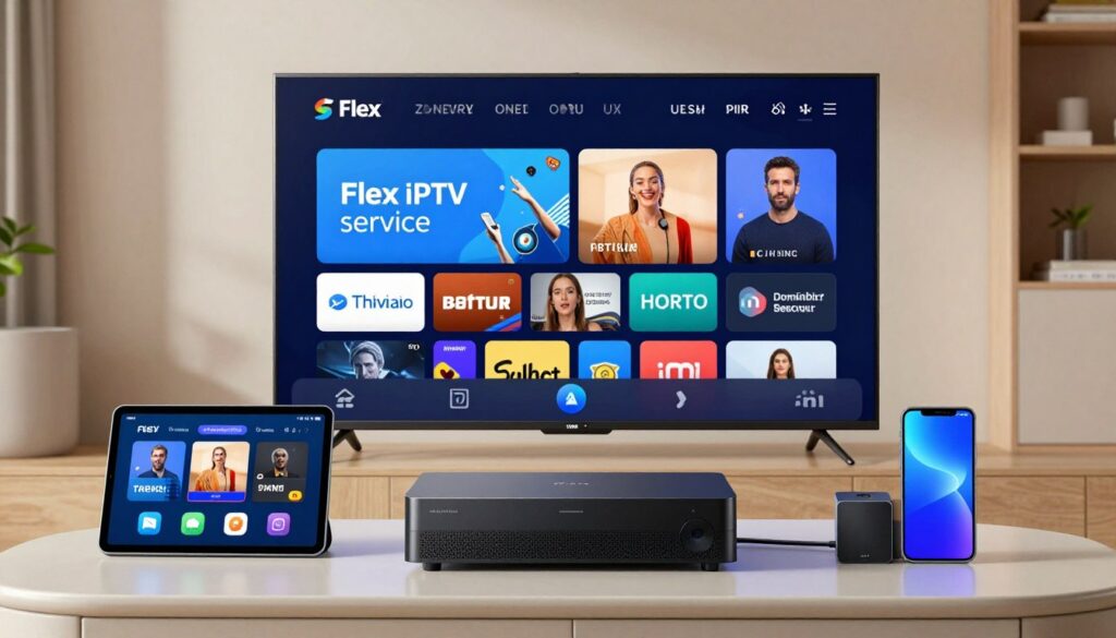 An image representing Flex IPTV service with various devices connected to a high-quality streaming server. An image representing Flex IPTV service with various devices connected to a high-quality streaming server.