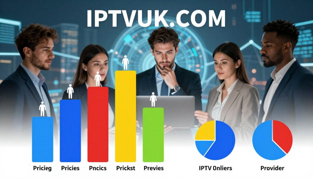 An infographic-style image showcasing a pricing comparison for IPTV Arab providers, prominently featuring the brand name "IPTVVUK.COM". In the foreground, several colorful bars and pie charts illustrate various pricing tiers and channel options offered by top providers, each with distinct colors and icons for visual clarity. In the middle ground, silhouettes of diverse individuals in professional business attire analyze the charts, with expressions of curiosity and focus. The background features a blurred digital landscape, hinting at connectivity and technology, giving a modern and sleek feel. Bright, even lighting highlights the vibrant colors of the charts, creating an engaging and informative atmosphere suitable for an article setting. An infographic-style image showcasing a pricing comparison for IPTV Arab providers, prominently featuring the brand name "IPTVVUK.COM". In the foreground, several colorful bars and pie charts illustrate various pricing tiers and channel options offered by top providers, each with distinct colors and icons for visual clarity. In the middle ground, silhouettes of diverse individuals in professional business attire analyze the charts, with expressions of curiosity and focus. The background features a blurred digital landscape, hinting at connectivity and technology, giving a modern and sleek feel. Bright, even lighting highlights the vibrant colors of the charts, creating an engaging and informative atmosphere suitable for an article setting.