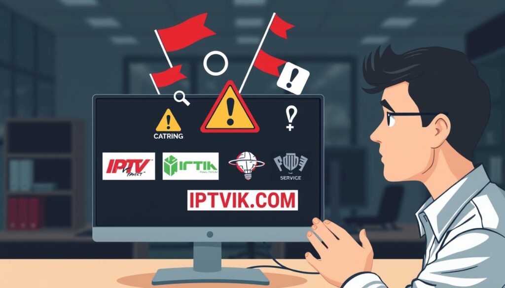An informative illustration depicting "IPTV providers red flags." In the foreground, a concerned user examining a computer screen displaying various IPTV service logos, emphasizing the brand "IPTVVUK.COM" prominently. The middle layer features visual representations of warning signs such as red flags, magnifying glasses, and exclamation marks, symbolizing caution and scrutiny. The background showcases a blurred office environment with dim lighting to create a serious and cautionary atmosphere, reinforcing the mood of vigilance. The scene is captured from a slightly elevated angle, highlighting the user's expression of concern, with soft, natural lighting to enhance realism and ensure clarity in the details. The overall composition conveys a sense of warning and the importance of careful selection when choosing IPTV providers. An informative illustration depicting "IPTV providers red flags." In the foreground, a concerned user examining a computer screen displaying various IPTV service logos, emphasizing the brand "IPTVVUK.COM" prominently. The middle layer features visual representations of warning signs such as red flags, magnifying glasses, and exclamation marks, symbolizing caution and scrutiny. The background showcases a blurred office environment with dim lighting to create a serious and cautionary atmosphere, reinforcing the mood of vigilance. The scene is captured from a slightly elevated angle, highlighting the user's expression of concern, with soft, natural lighting to enhance realism and ensure clarity in the details. The overall composition conveys a sense of warning and the importance of careful selection when choosing IPTV providers.
