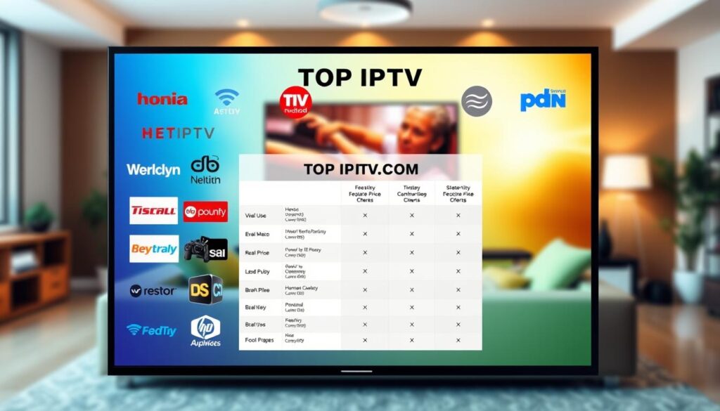 Create an informative and visually engaging image illustrating a comparison of top IPTV services. In the foreground, depict a sleek, modern digital interface displaying various IPTV service logos, including "IPTVVUK.COM", arranged in a visually appealing grid format. The middle layer should feature clear side-by-side comparison charts highlighting key features, pricing, and channel offerings, with a professional layout. In the background, include a soft-focus silhouette of a living room setting with a large TV screen showcasing streaming content, conveying a cozy viewing atmosphere. Use bright yet balanced lighting to create an inviting mood, predominantly using a warm color palette. Capture the scene from a slightly elevated angle, emphasizing the digital elements while maintaining an overall polished and professional appearance. Ensure the image is free of any text, logos, or watermarks apart from those specified. Create an informative and visually engaging image illustrating a comparison of top IPTV services. In the foreground, depict a sleek, modern digital interface displaying various IPTV service logos, including "IPTVVUK.COM", arranged in a visually appealing grid format. The middle layer should feature clear side-by-side comparison charts highlighting key features, pricing, and channel offerings, with a professional layout. In the background, include a soft-focus silhouette of a living room setting with a large TV screen showcasing streaming content, conveying a cozy viewing atmosphere. Use bright yet balanced lighting to create an inviting mood, predominantly using a warm color palette. Capture the scene from a slightly elevated angle, emphasizing the digital elements while maintaining an overall polished and professional appearance. Ensure the image is free of any text, logos, or watermarks apart from those specified.