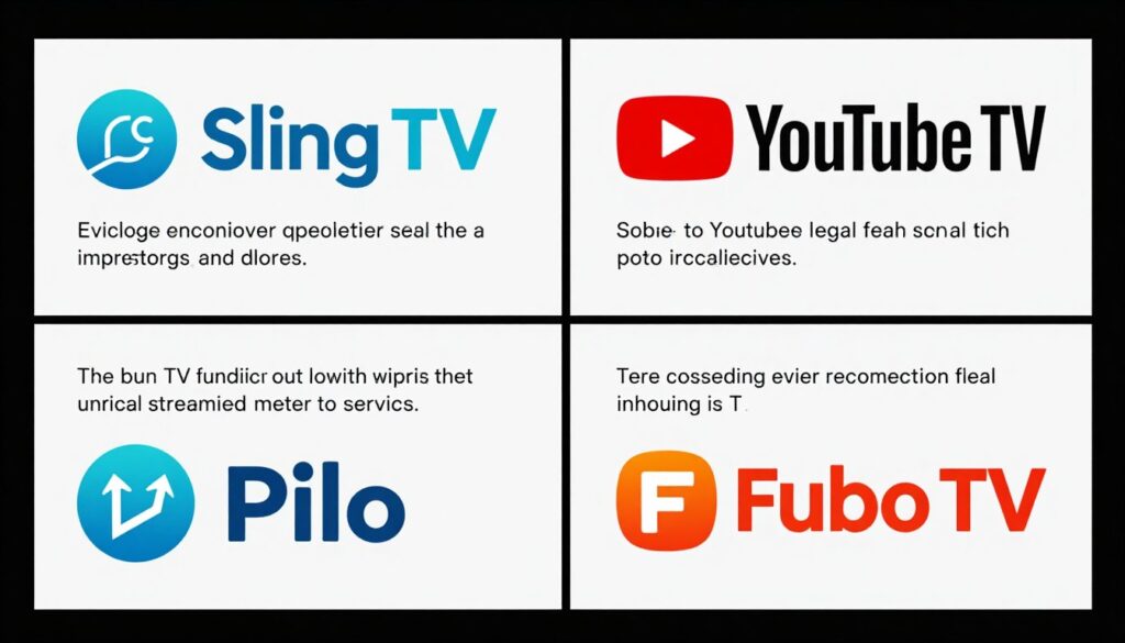 Generate an image comparing different legal streaming services, such as Sling TV, Philo, YouTube TV, and Fubo TV, on a split-screen display. Generate an image comparing different legal streaming services, such as Sling TV, Philo, YouTube TV, and Fubo TV, on a split-screen display.