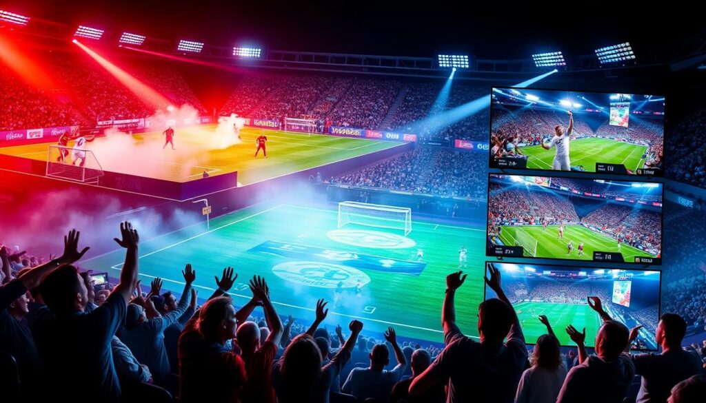 Generate an image depicting IPTV Gear's sports coverage with multiple live matches. Generate an image depicting IPTV Gear's sports coverage with multiple live matches.