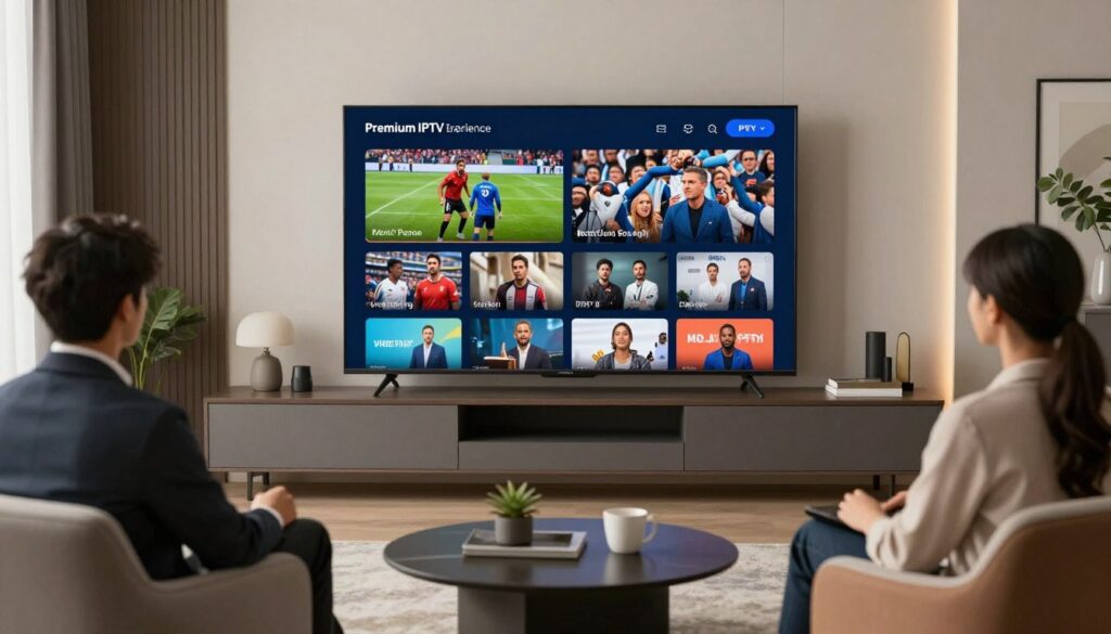 Generate an image depicting a premium IPTV experience with a large screen TV displaying sports and entertainment content. Generate an image depicting a premium IPTV experience with a large screen TV displaying sports and entertainment content.