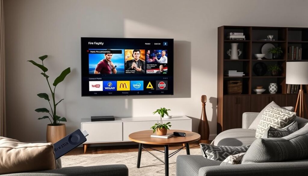 Generate an image of Amazon Fire Stick 4K device connected to a 4K TV, streaming a popular channel. Generate an image of Amazon Fire Stick 4K device connected to a 4K TV, streaming a popular channel.