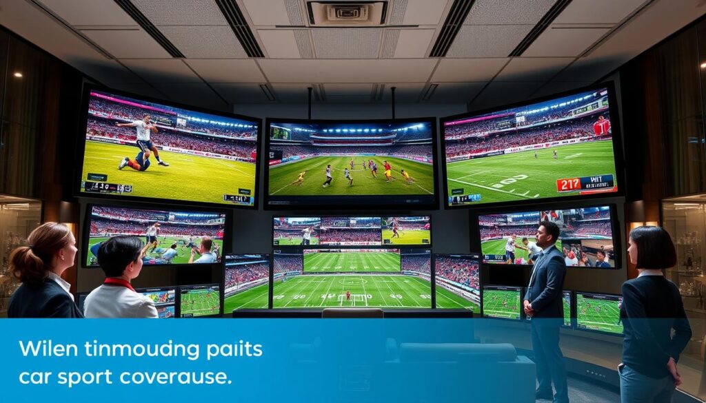 Generate an image of Falcon IPTV's sports coverage, highlighting its multi-view technology. Generate an image of Falcon IPTV's sports coverage, highlighting its multi-view technology.