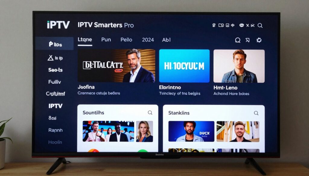 Generate an image of IPTV Smarters Pro interface on a TV screen Generate an image of IPTV Smarters Pro interface on a TV screen