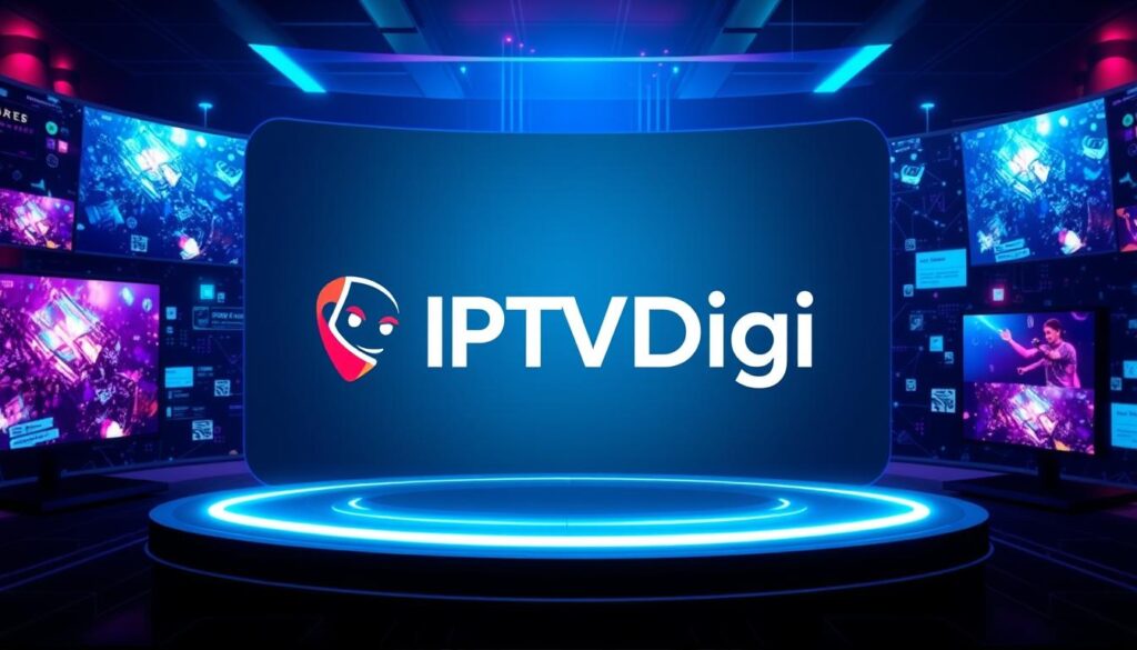 Generate an image of IPTVDigi's logo with a futuristic streaming background Generate an image of IPTVDigi's logo with a futuristic streaming background