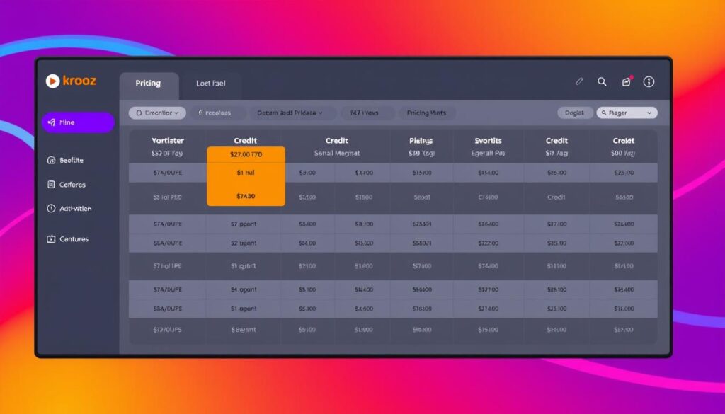 Generate an image of Krooz TV's IPTV reseller panel showing its pricing and credit system. Generate an image of Krooz TV's IPTV reseller panel showing its pricing and credit system.