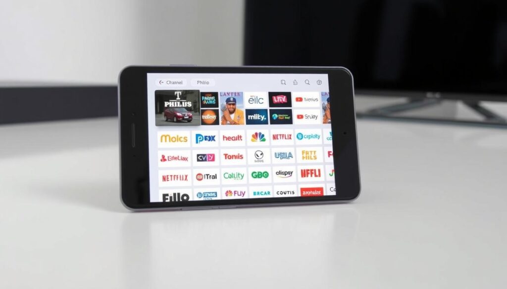 Generate an image of Philo's channel lineup on a mobile device Generate an image of Philo's channel lineup on a mobile device
